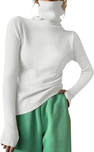 Women's Turtleneck Ribbed Knit Sweater Fall Fashoin Thermal Thumb Hole Jumper Soft Comfy Stretchy Slim Fit Casual Top
