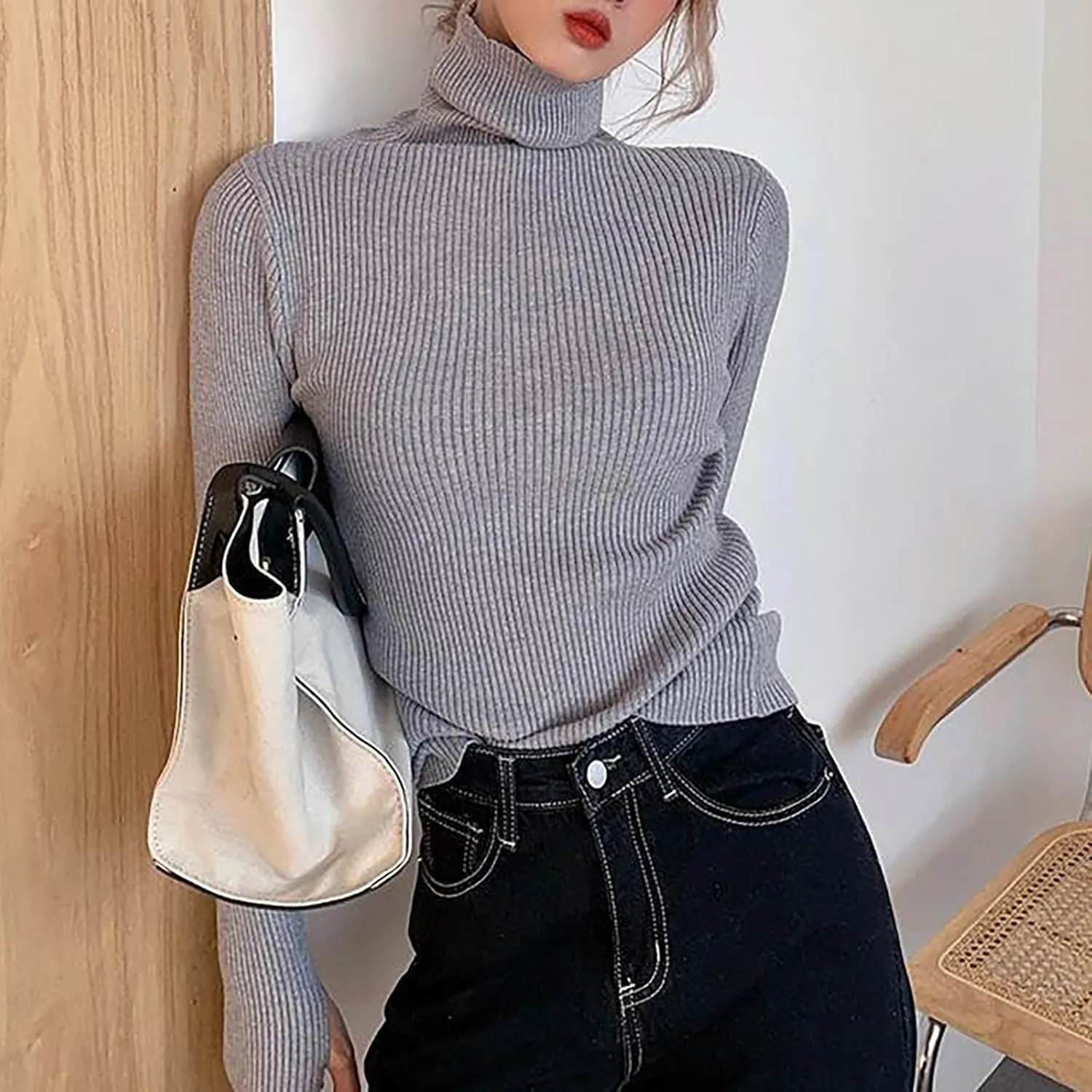 Women's Turtleneck Ribbed Knit Sweater Fall Fashoin Thermal Thumb Hole Jumper Soft Comfy Stretchy Slim Fit Casual Top