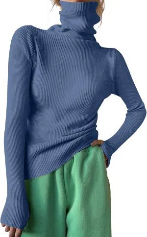 Women's Turtleneck Ribbed Knit Sweater Fall Fashoin Thermal Thumb Hole Jumper Soft Comfy Stretchy Slim Fit Casual Top