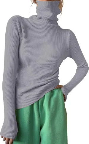 Women's Turtleneck Ribbed Knit Sweater Fall Fashoin Thermal Thumb Hole Jumper Soft Comfy Stretchy Slim Fit Casual Top