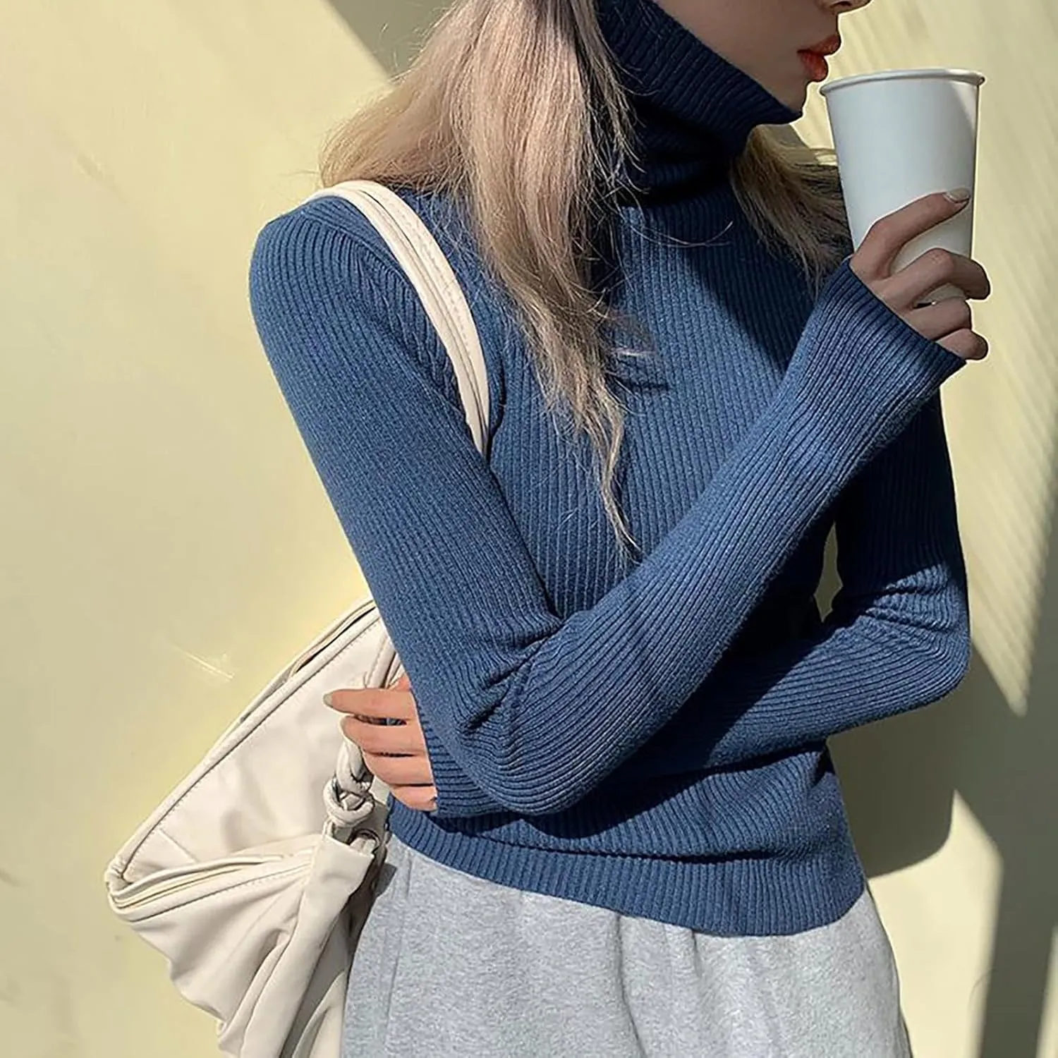 Women's Turtleneck Ribbed Knit Sweater Fall Fashoin Thermal Thumb Hole Jumper Soft Comfy Stretchy Slim Fit Casual Top