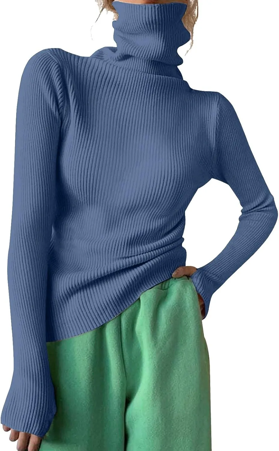 Women's Turtleneck Ribbed Knit Sweater Fall Fashoin Thermal Thumb Hole Jumper Soft Comfy Stretchy Slim Fit Casual Top