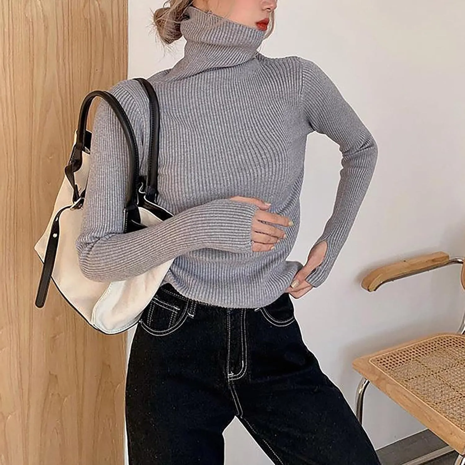 Women's Turtleneck Ribbed Knit Sweater Fall Fashoin Thermal Thumb Hole Jumper Soft Comfy Stretchy Slim Fit Casual Top
