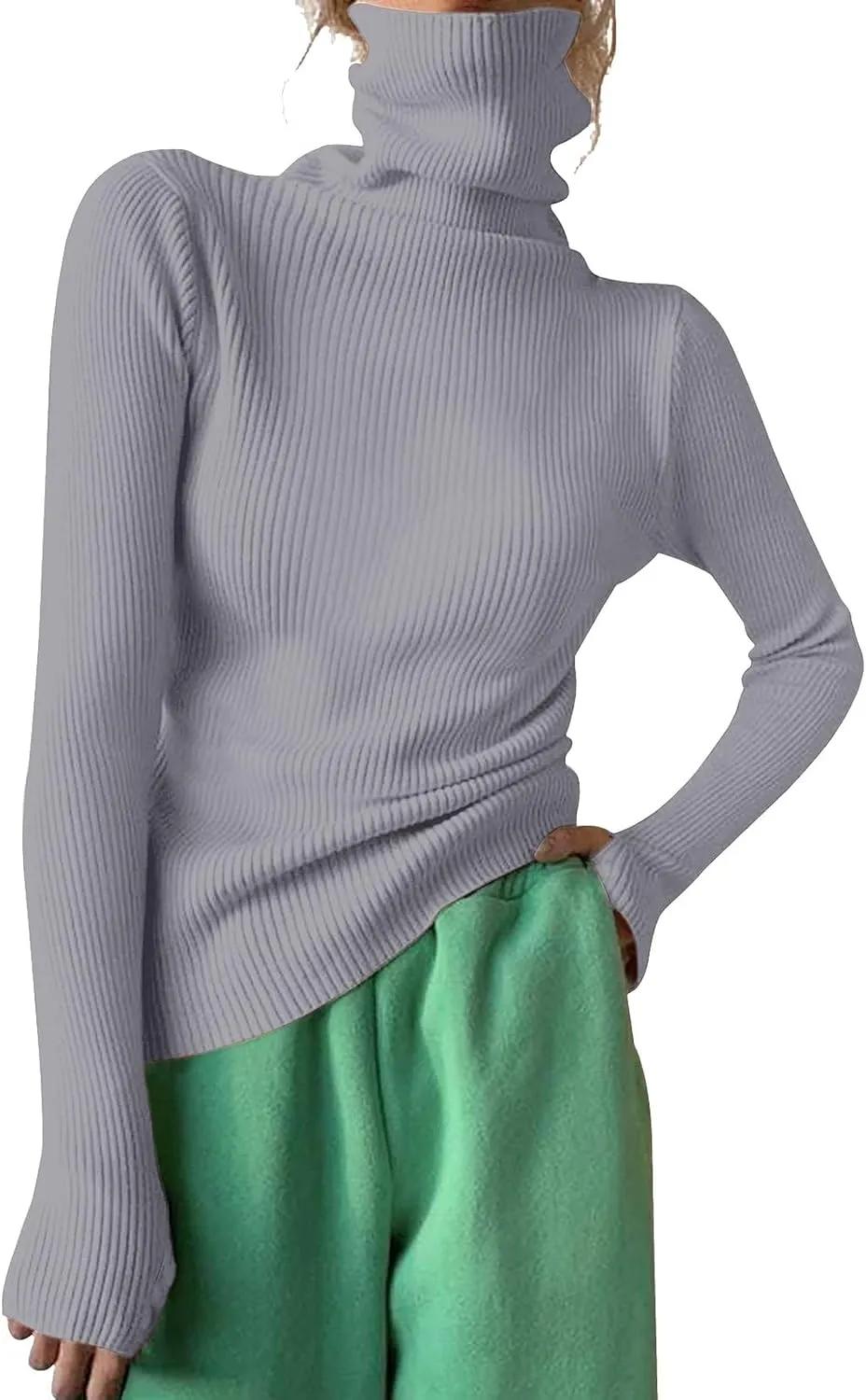 Women's Turtleneck Ribbed Knit Sweater Fall Fashoin Thermal Thumb Hole Jumper Soft Comfy Stretchy Slim Fit Casual Top