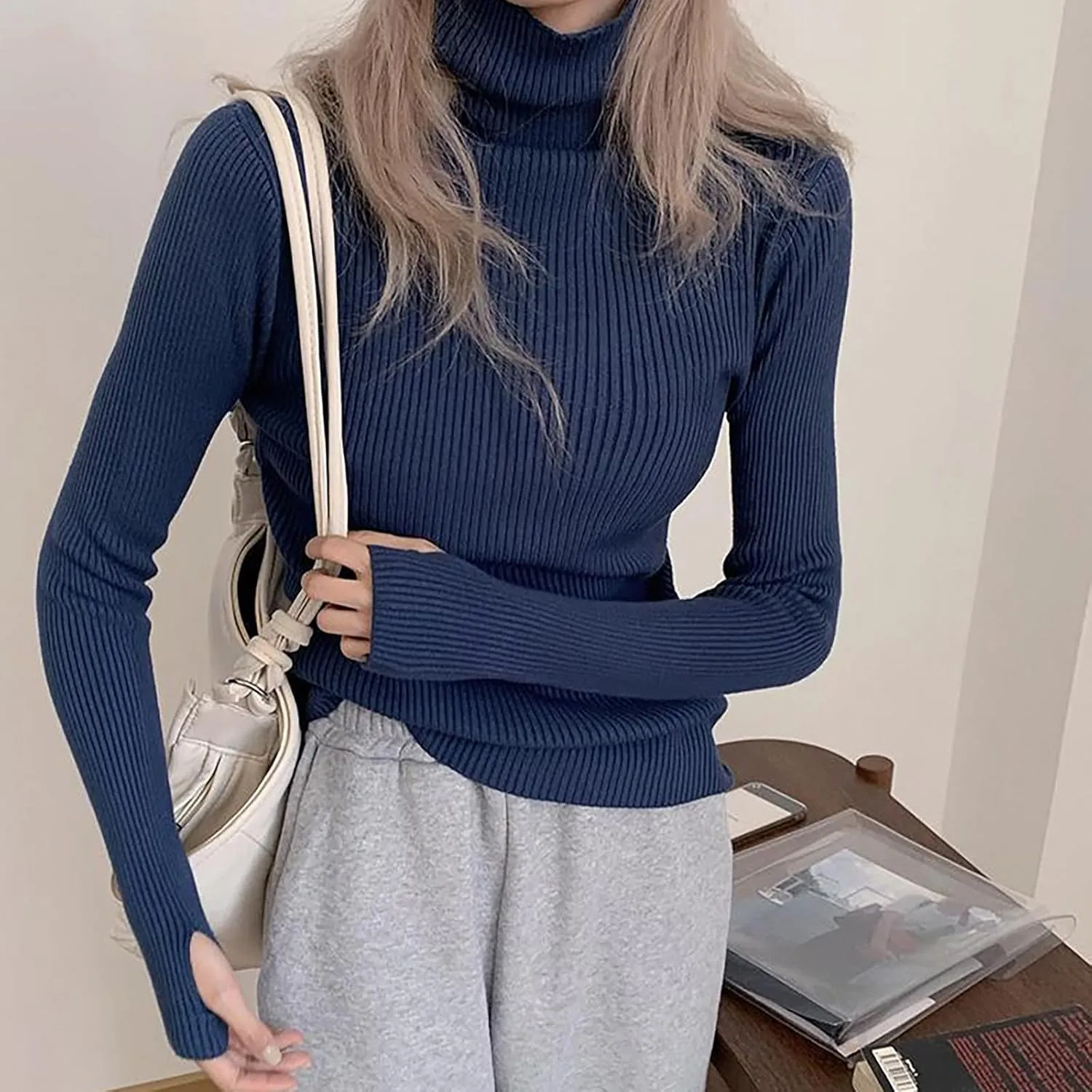 Women's Turtleneck Ribbed Knit Sweater Fall Fashoin Thermal Thumb Hole Jumper Soft Comfy Stretchy Slim Fit Casual Top