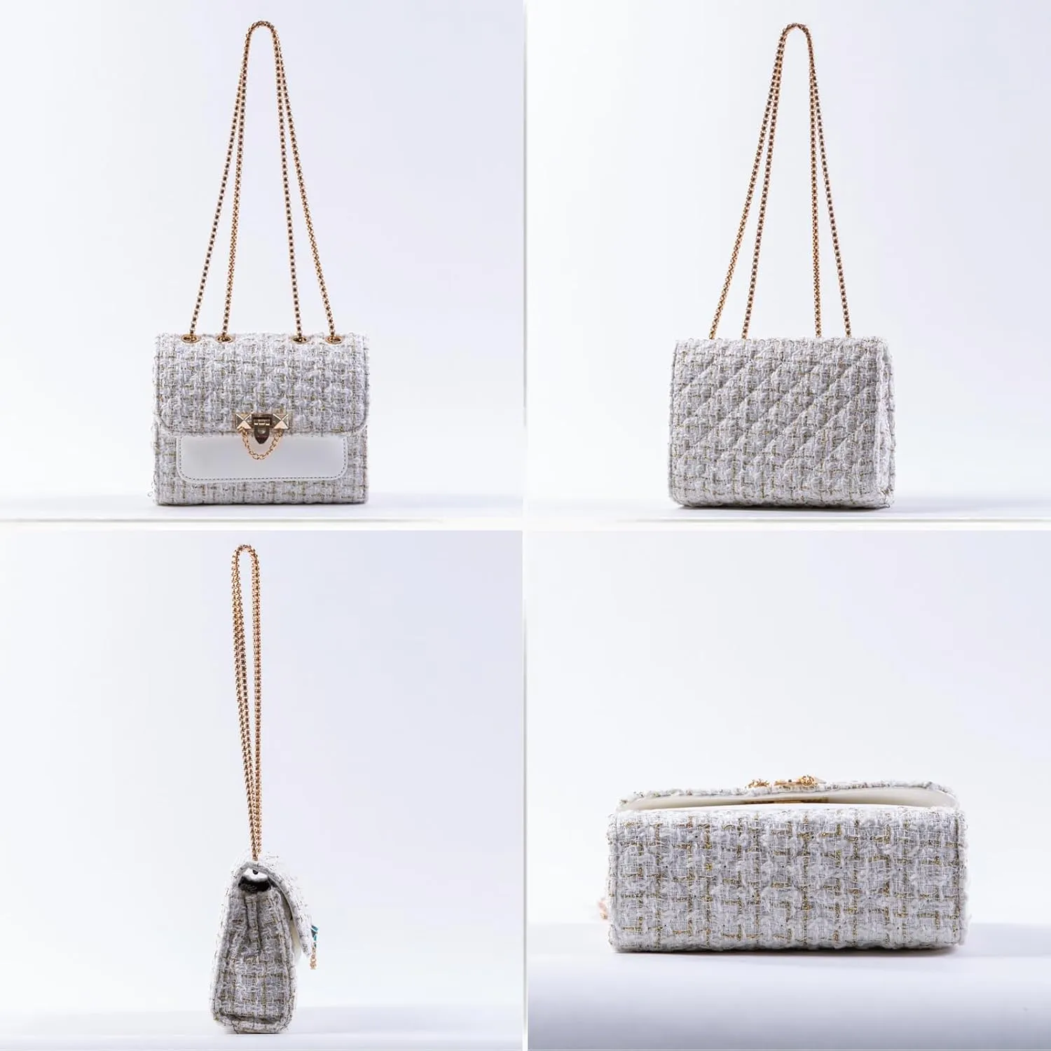 Women's Tweed Purses and Handbag PU Leather Woolen Chain Satchel Shoulder Bags Totes Crossbody Underarm Bag Clutch