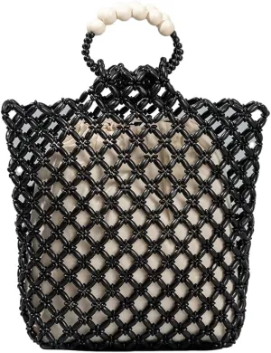Wooden Bead Purses for Women Beaded Small Tote Purse Straw Bag Chic Hollow-out Handbag for Beach Summer Travel 2025