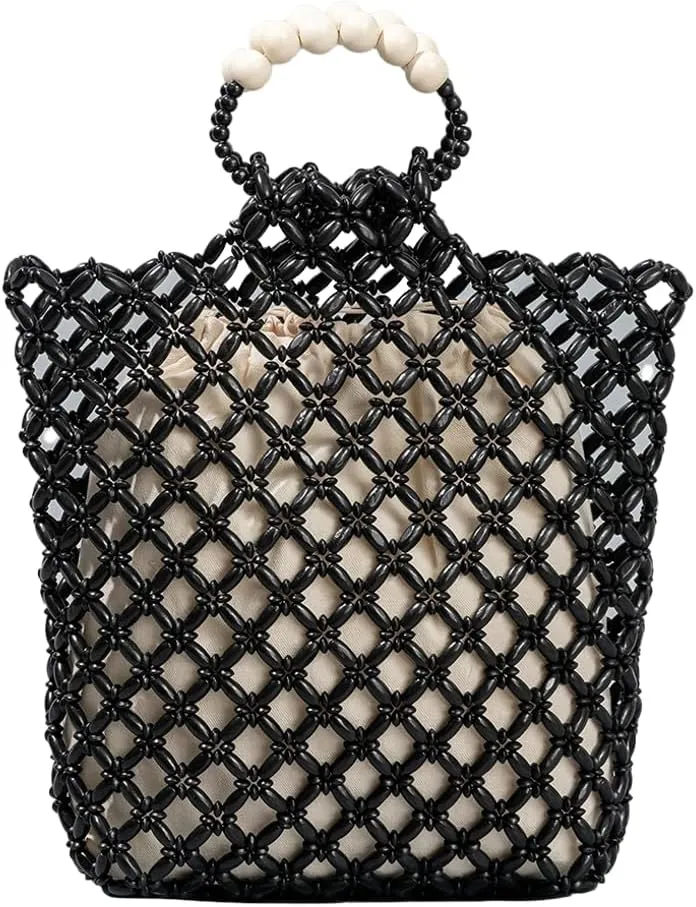 Wooden Bead Purses for Women Beaded Small Tote Purse Straw Bag Chic Hollow-out Handbag for Beach Summer Travel 2025