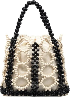 Wooden Bead Purses for Women Beaded Small Tote Purse Straw Bag Hollow-out Handbag Beach Travel 2025