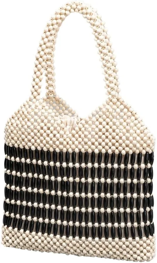 Wooden Bead Purses for Women Beaded Small Tote Purse Straw Purse Chic Hollow-out Handbag for Beach Summer Travel 2025