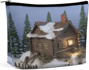 Wooden Rustic Log Cottage Scenery Printed Makeup Bag Portable Cute Travel Makeup Bag Cosmetic Bags for Women Suitable for Travel Vacation Bathroom Organization Dating Party