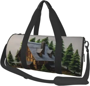 Wooden Rustic Log Cottage Scenery Printed Travel Bag,Round Personal Item Storage bag,Foldie Duffel Bag for Traveling Vacation,Fitness,Sports