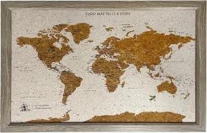 World Map Pin Board Travel Map Gray Frame | Framed Pinboard | Cork Wooden Design | Push Pins Included | Personalised Home Wanderlust Decor for Travelers