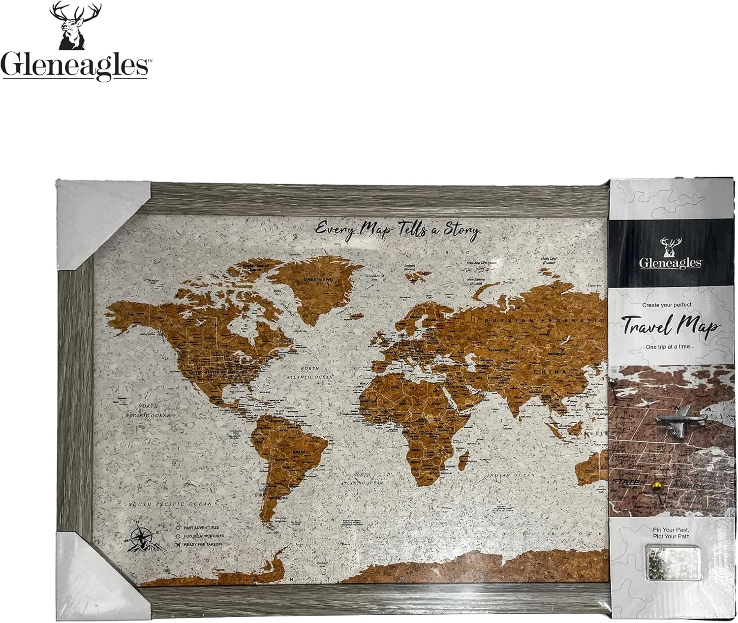 World Map Pin Board Travel Map Gray Frame | Framed Pinboard | Cork Wooden Design | Push Pins Included | Personalised Home Wanderlust Decor for Travelers
