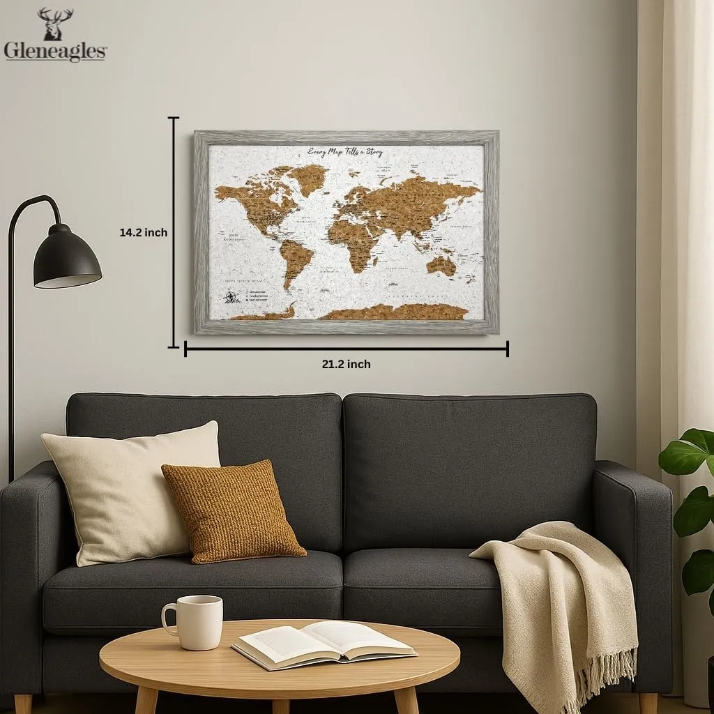 World Map Pin Board Travel Map Gray Frame | Framed Pinboard | Cork Wooden Design | Push Pins Included | Personalised Home Wanderlust Decor for Travelers