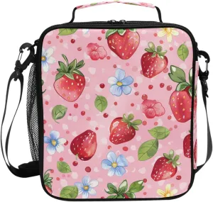 Wudan Cute Strawberries and Blue Flowers Pink Insulated Lunch Box for Girls Crossbody Man Insulated Bags for Gardening Workers