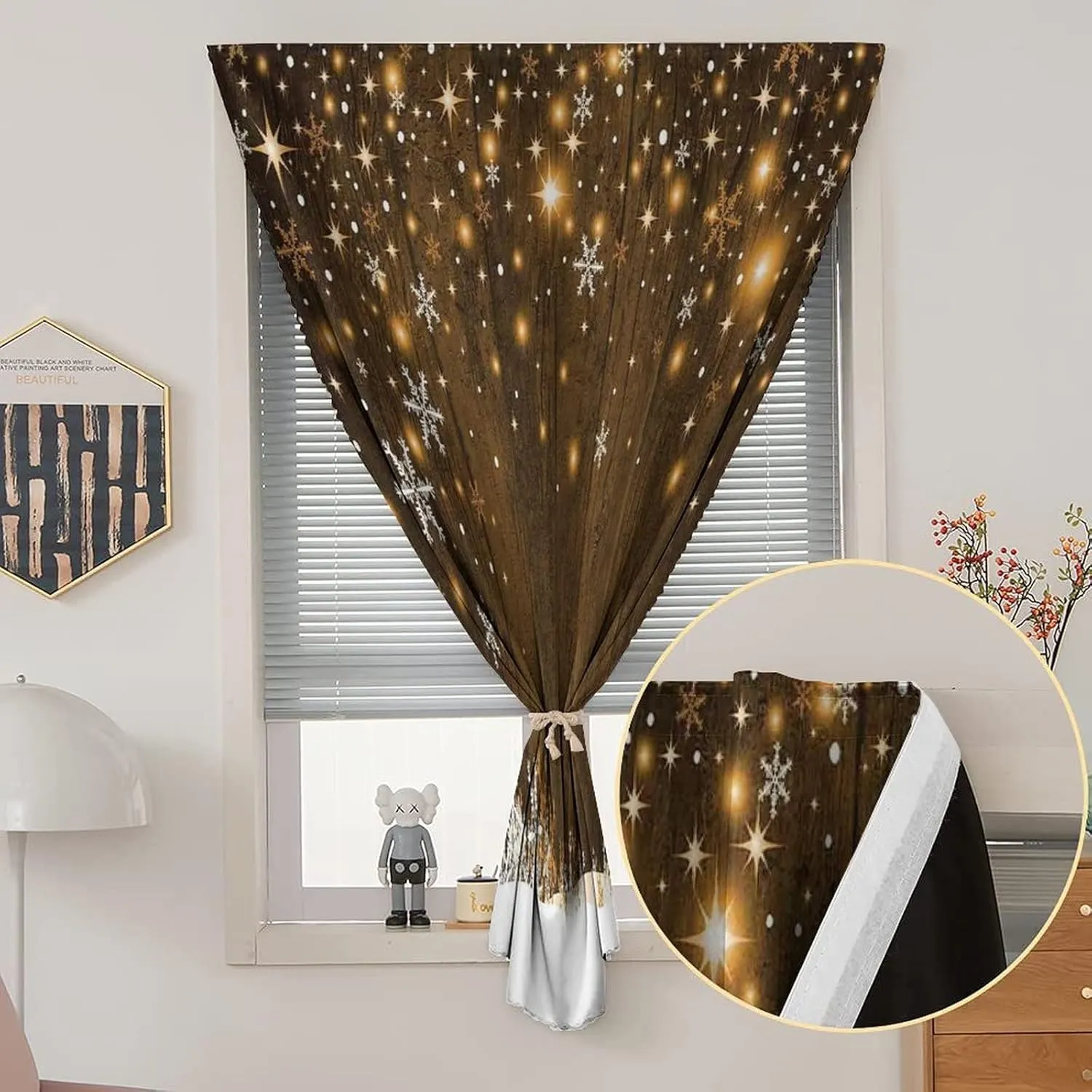 XISUNYA Autohesion Curtains, Christmas Window Curtain Panel, Rustic Wooden Backdrop with Snowflakes Print Thermal Lnsulated Room Darkening Small Drapes,26W x40L Inch, for Kitchen Bathroom Living Room