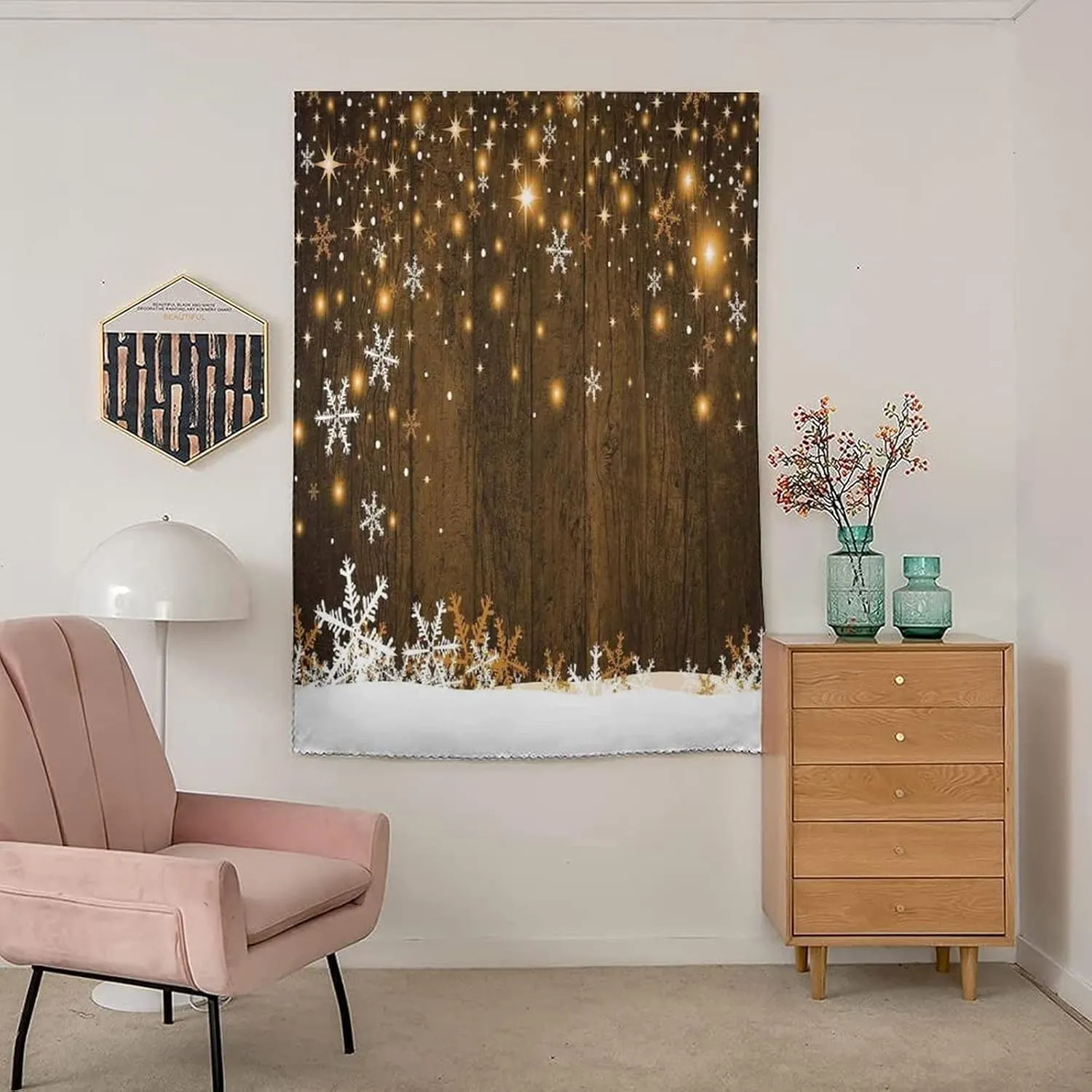XISUNYA Autohesion Curtains, Christmas Window Curtain Panel, Rustic Wooden Backdrop with Snowflakes Print Thermal Lnsulated Room Darkening Small Drapes,26W x40L Inch, for Kitchen Bathroom Living Room