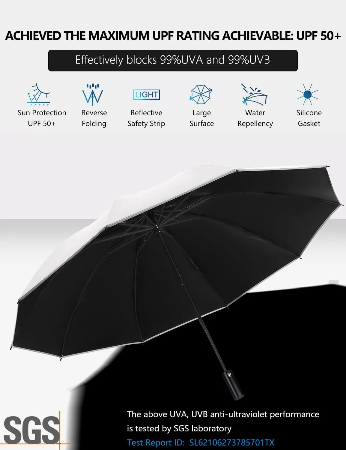 XIXVON Umbrella Pro | UPF 50  99% UV Protection, Reflective Safety Strip, Sturdy Windproof, Travel Portable, Automatic | Reverse Folding Umbrella