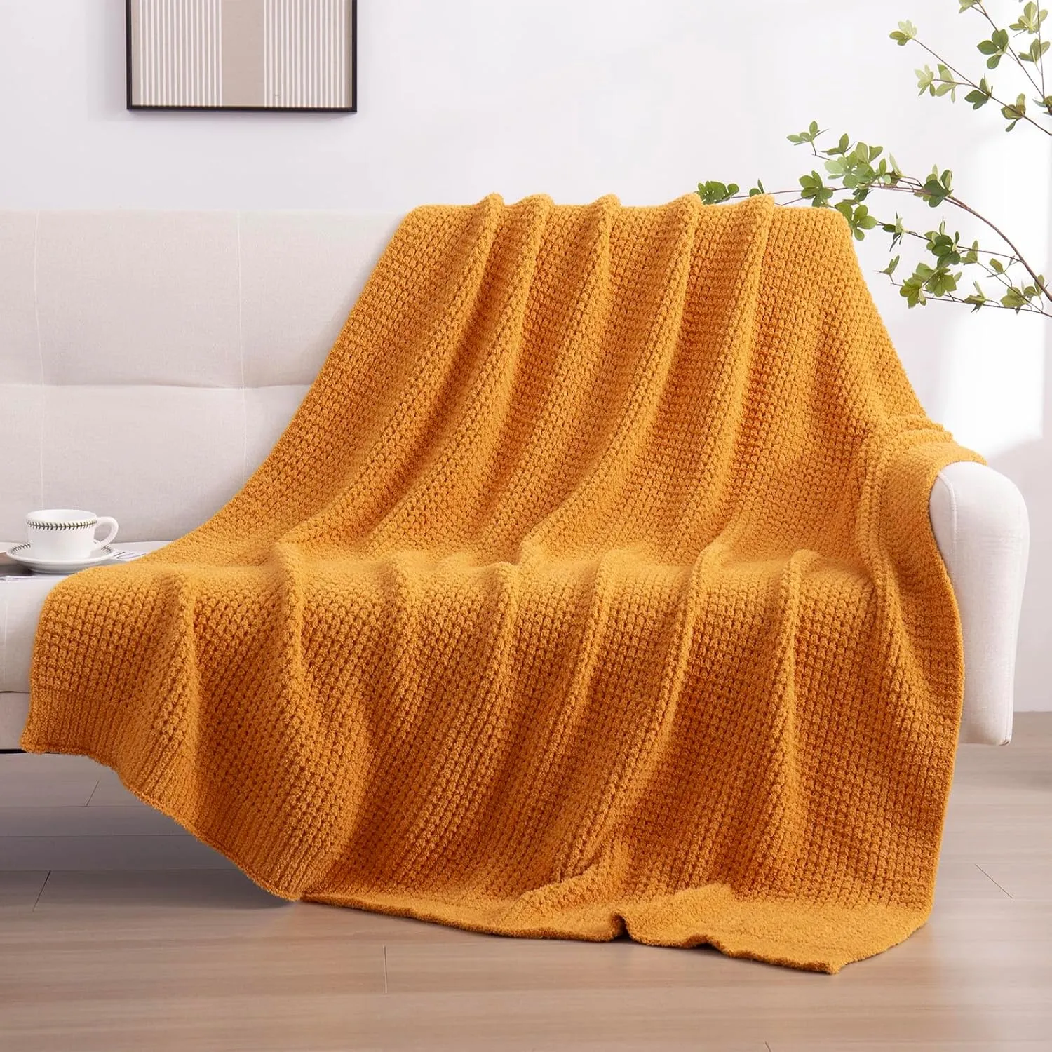 YIRUIO Microfiber Waffle Throw Blanket Weave Knit Super Soft Ultra Cozy Fuzzy Fluffy Warm for Living Room Bedroom Bedding Farmhouse (Wheat Yellow, 51'' x 63'')