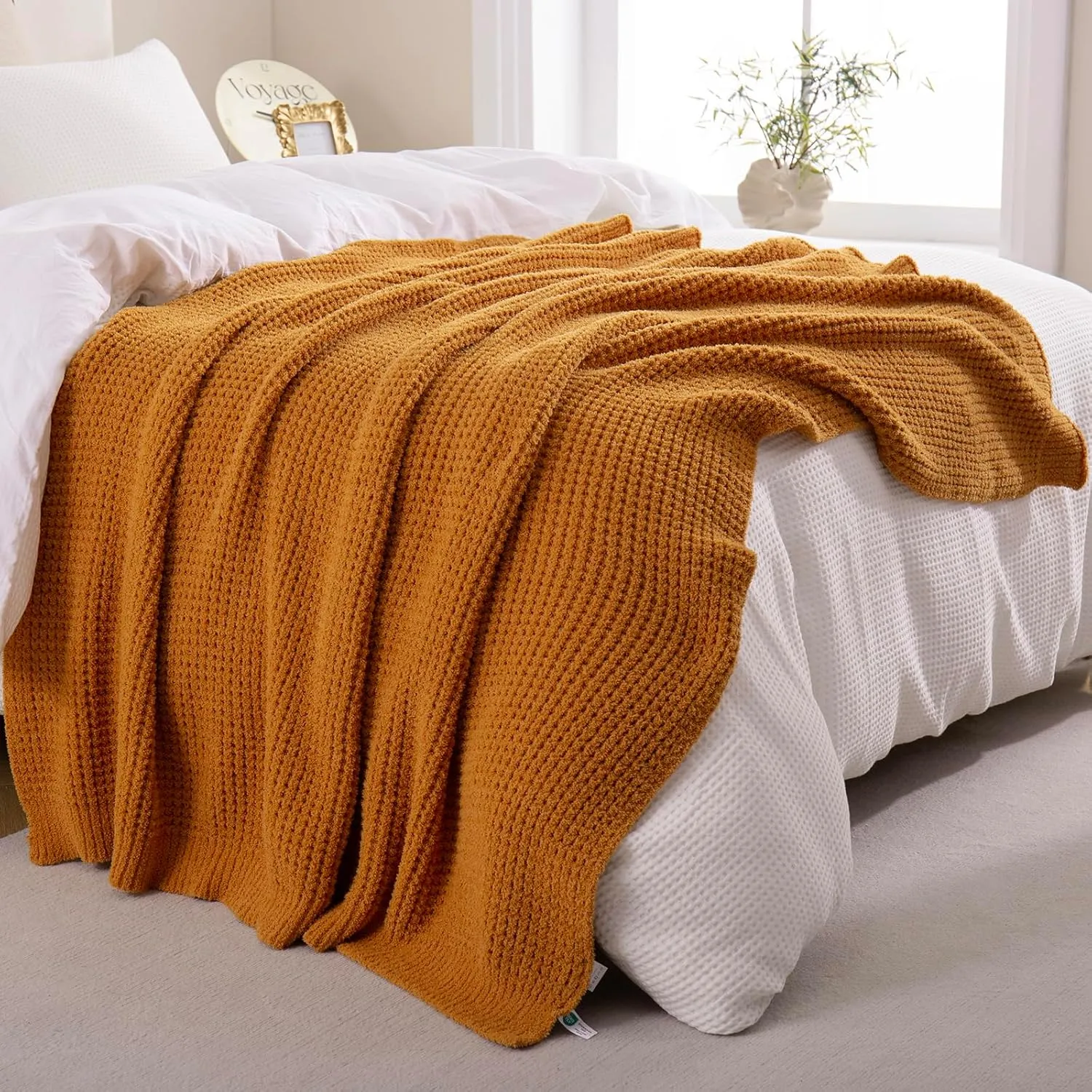 YIRUIO Microfiber Waffle Throw Blanket Weave Knit Super Soft Ultra Cozy Fuzzy Fluffy Warm for Living Room Bedroom Bedding Farmhouse (Wheat Yellow, 51'' x 63'')
