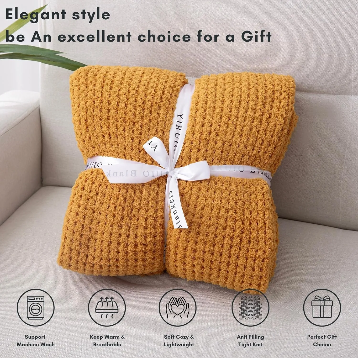 YIRUIO Microfiber Waffle Throw Blanket Weave Knit Super Soft Ultra Cozy Fuzzy Fluffy Warm for Living Room Bedroom Bedding Farmhouse (Wheat Yellow, 51'' x 63'')