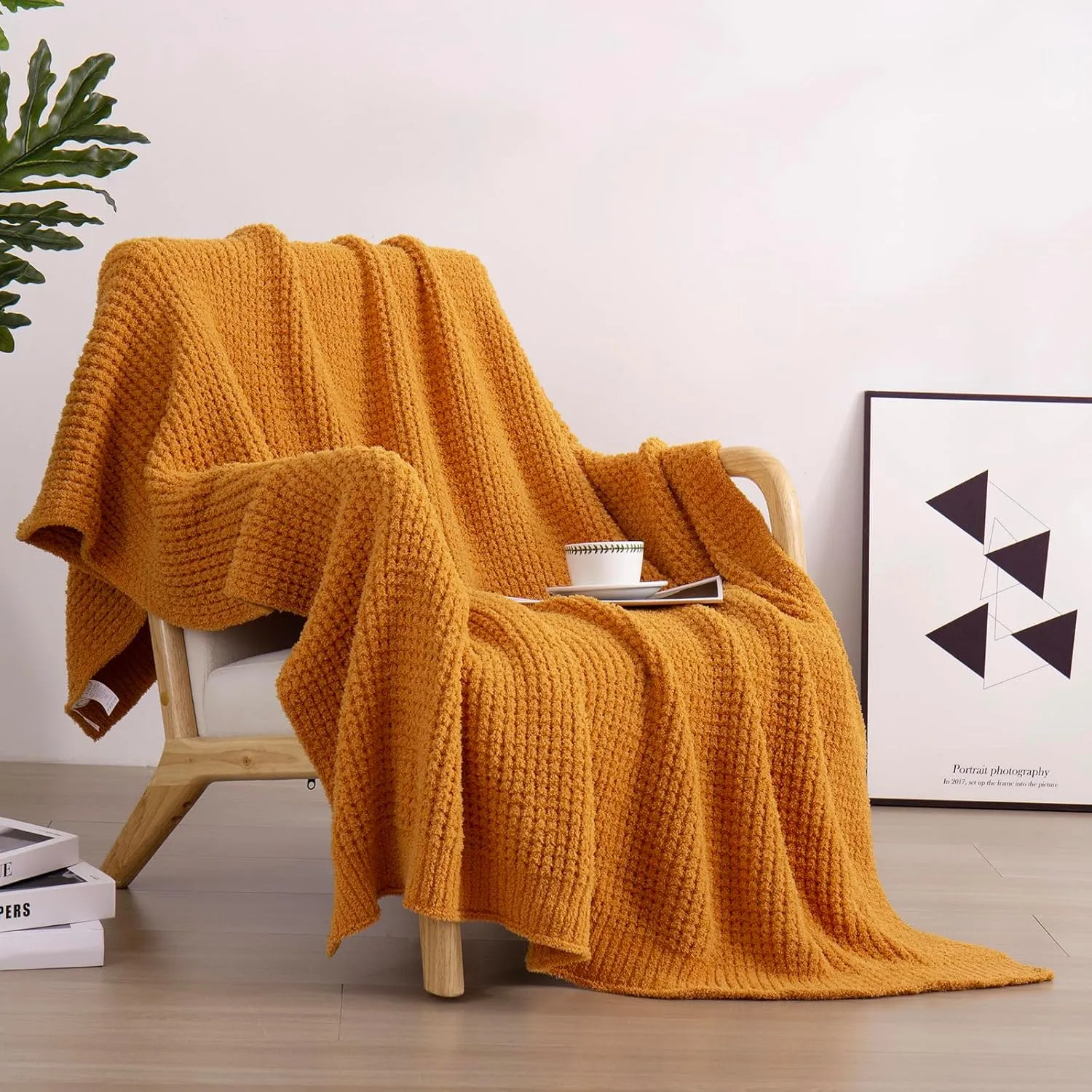 YIRUIO Microfiber Waffle Throw Blanket Weave Knit Super Soft Ultra Cozy Fuzzy Fluffy Warm for Living Room Bedroom Bedding Farmhouse (Wheat Yellow, 51'' x 63'')