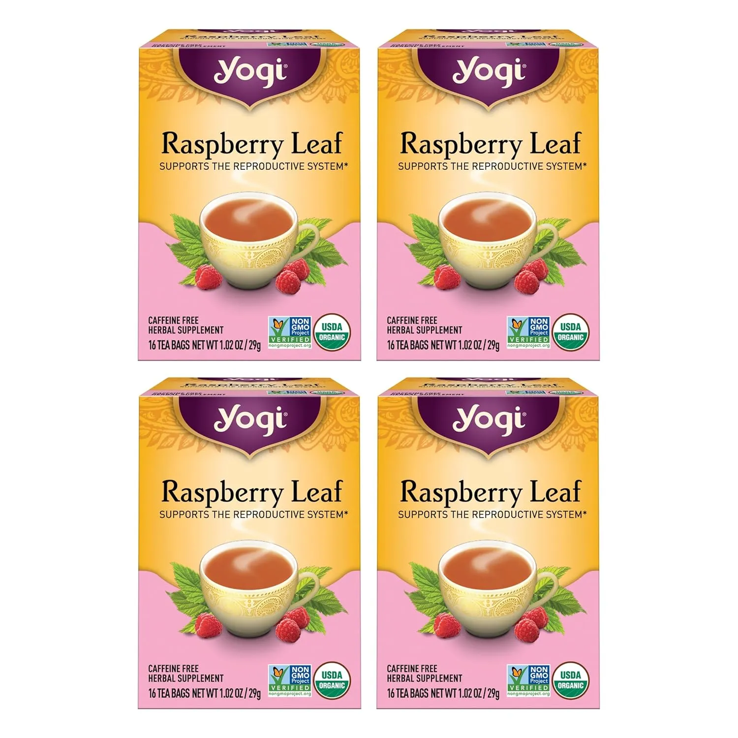 Yogi Raspberry Leaf Tea - Organic Raspberry Leaf Tea Supports Reproductive Health - Organic Tea Bags - Caffeine Free - 16 Tea Bags Per Pack (4 Packs)