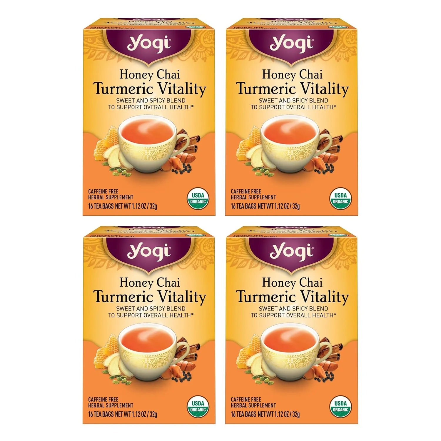Yogi Tea Honey Chai Turmeric Vitality Tea - 16 Tea Bags per Pack (4 Packs) - Organic Tea to Support Overall Health - Includes Cinnamon Bark, Turmeric Root, Cardamom Pod, Ginger Root & More