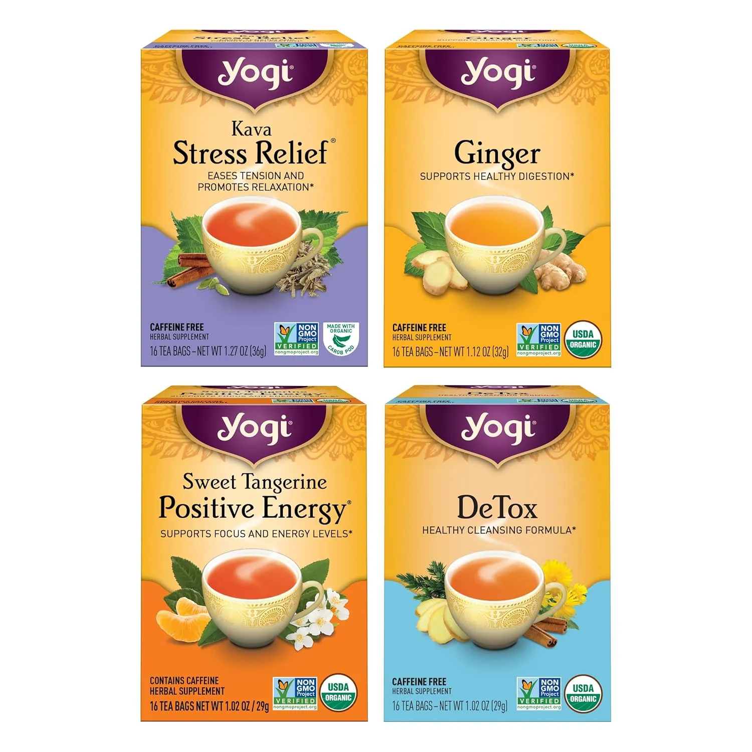 Yogi Tea Well-Being Variety Pack - 16 Tea Bags per Pack (4 Packs) - Black & Herbal Tea Sampler - Caffeine & Caffeine Free - Kava Stress Relief, Ginger, Sweet Tangerine Positive Energy & DeTox