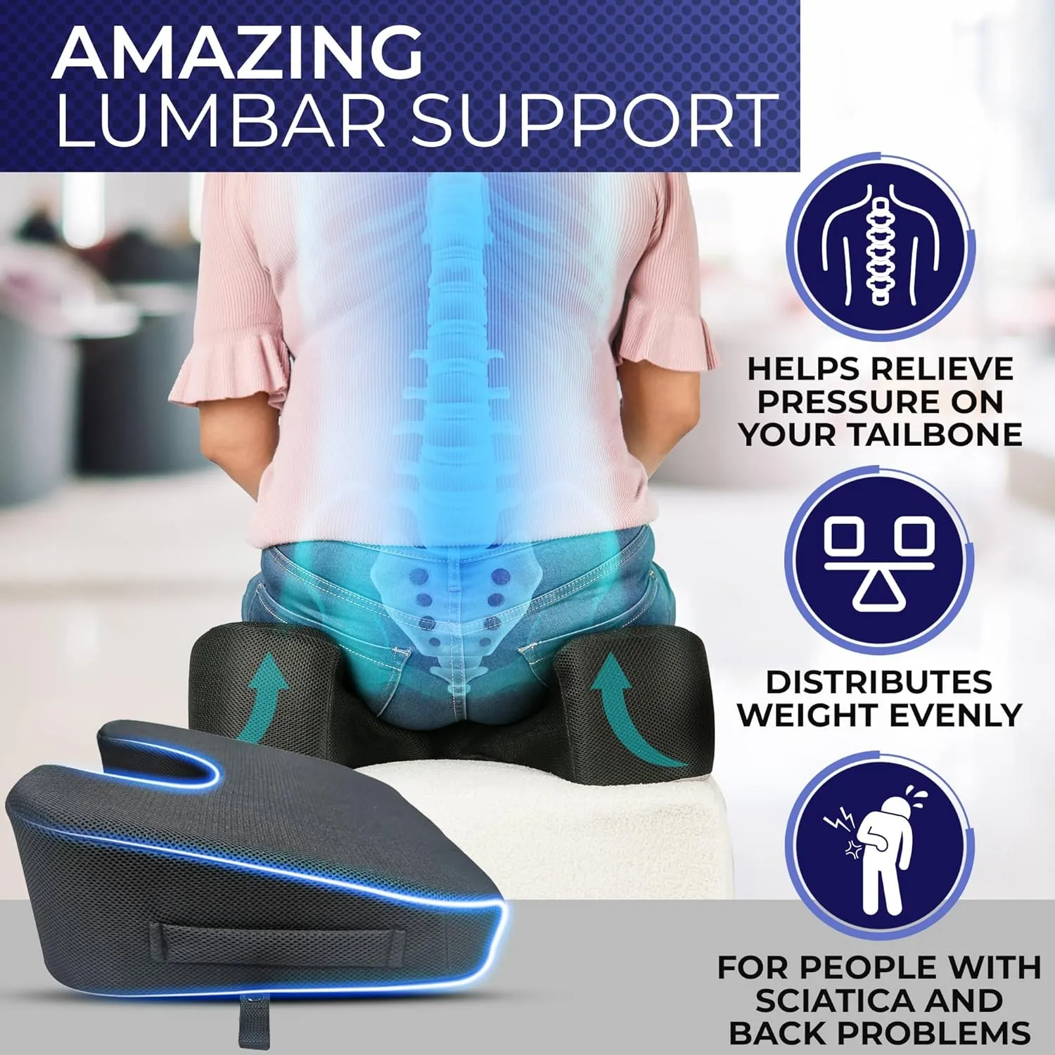 YogiBum Patented Cushion | Extra Large Tailbone Gap | XL Size for 190lbs  | Med Size for 150-190lbs | Relief for LowBack, Tailbone, Sciatica, Hemorrhoids | Snug Fit on Office/Computer Chairs