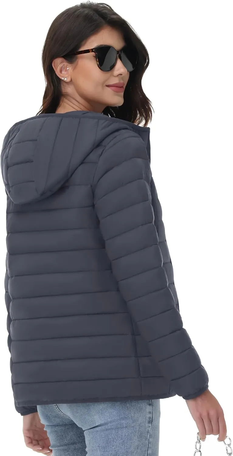 YUCOLEN Women's Puffer Jacket with Hood Lightweight Quilted Padded 4 Pockets Zip-up Coat Winter Jackets for Women