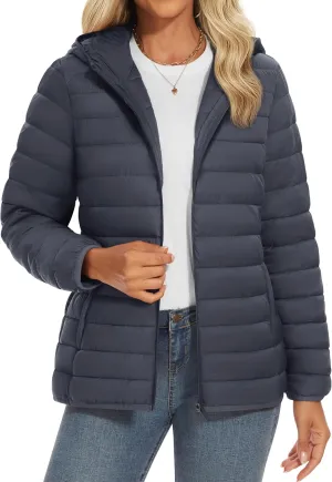 YUCOLEN Women's Puffer Jacket with Hood Lightweight Quilted Padded 4 Pockets Zip-up Coat Winter Jackets for Women