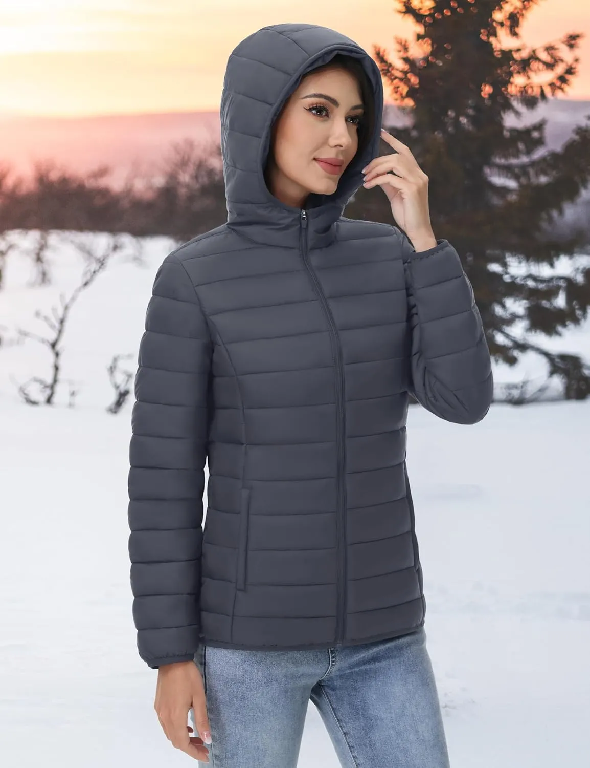 YUCOLEN Women's Puffer Jacket with Hood Lightweight Quilted Padded 4 Pockets Zip-up Coat Winter Jackets for Women