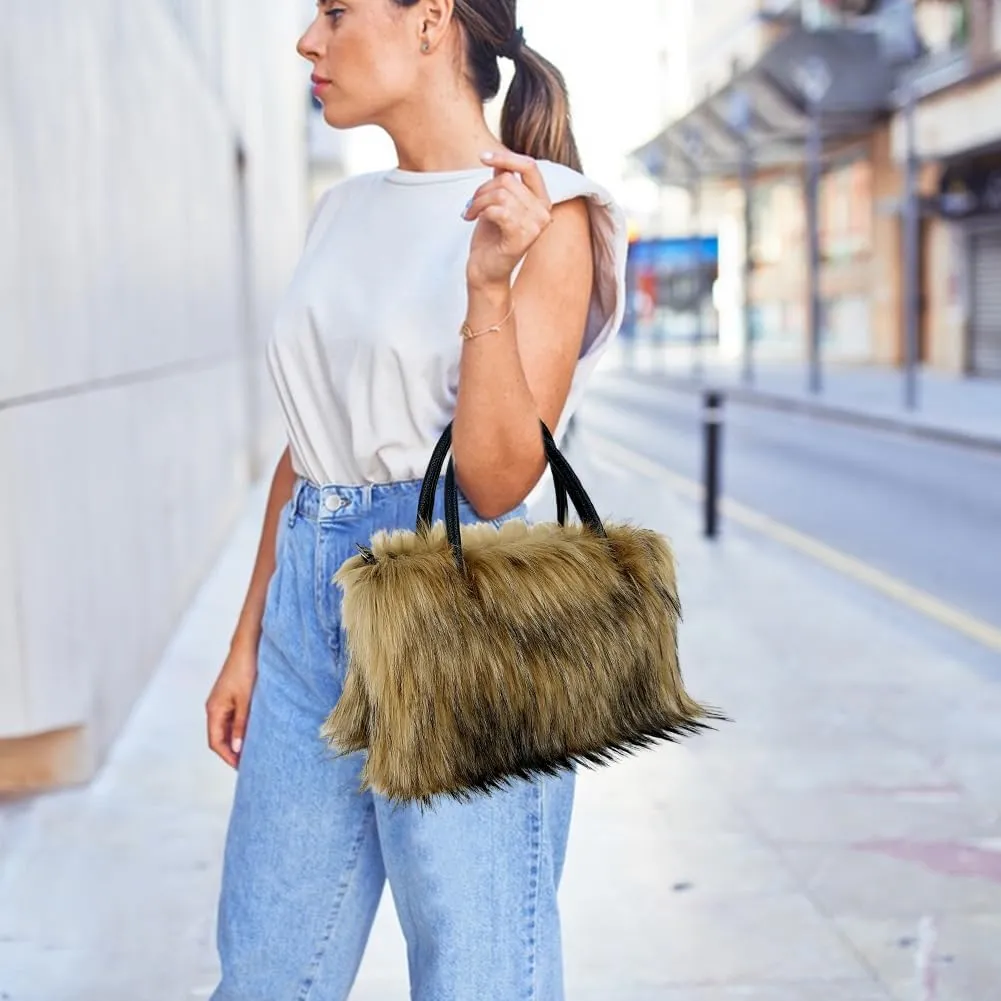Zcargel Fluffy Winter Shoulder Bag Women's Fashion Shoulder Bags Square Plush Bag Soft Fuzzy Furry Handle Purse Handbag