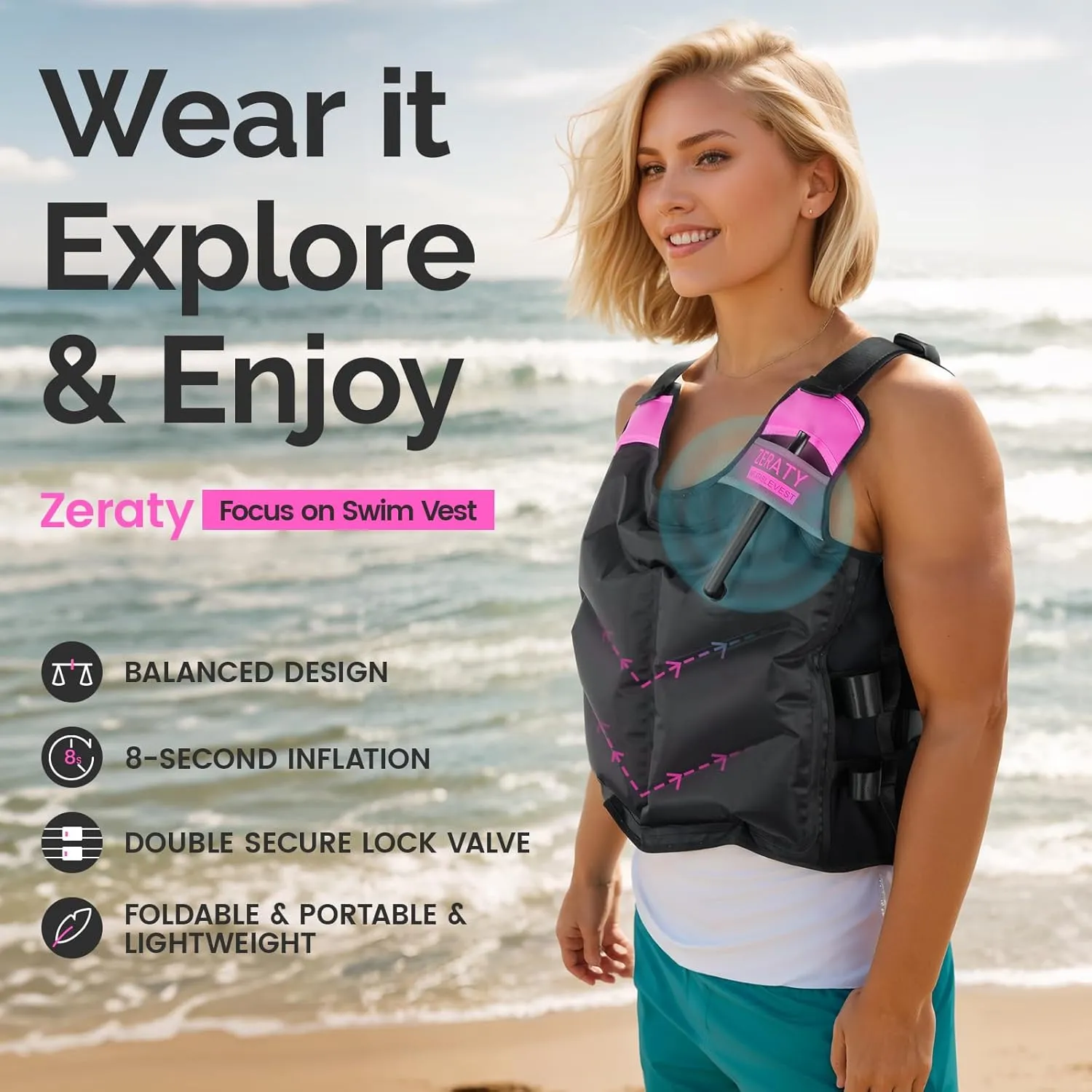 Zetary Inflatable Snorkel Vest - Portable Snorkel Jacket for Adults 90-220 lbs, Lightweight Buoyancy Aid with Quick Inflation, Ideal for Swimming Boating Paddleboarding Water Sports
